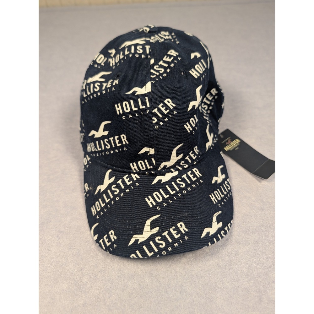 Hollister Baseball Cap Mens OS Navy Blue All Over Logo Print NWT